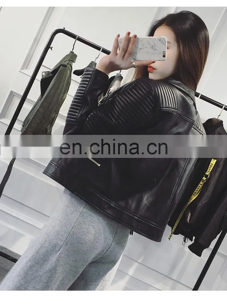Wholesale Spring Female Long Sleeve Short Beaded Motorcycle Jacket Excelled Leather Jacket