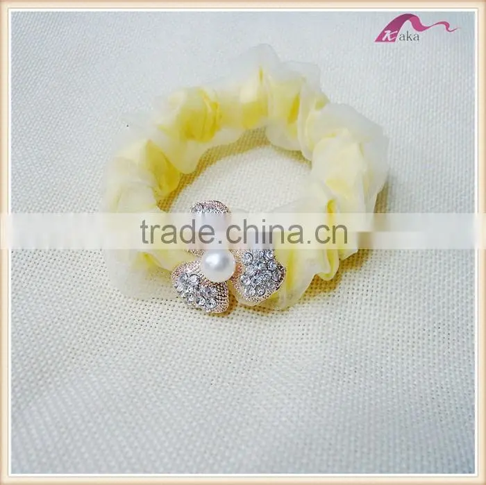 Girls Yellow Yarn Crystal Flower Scrunchies Elastic Hair Band Accessories