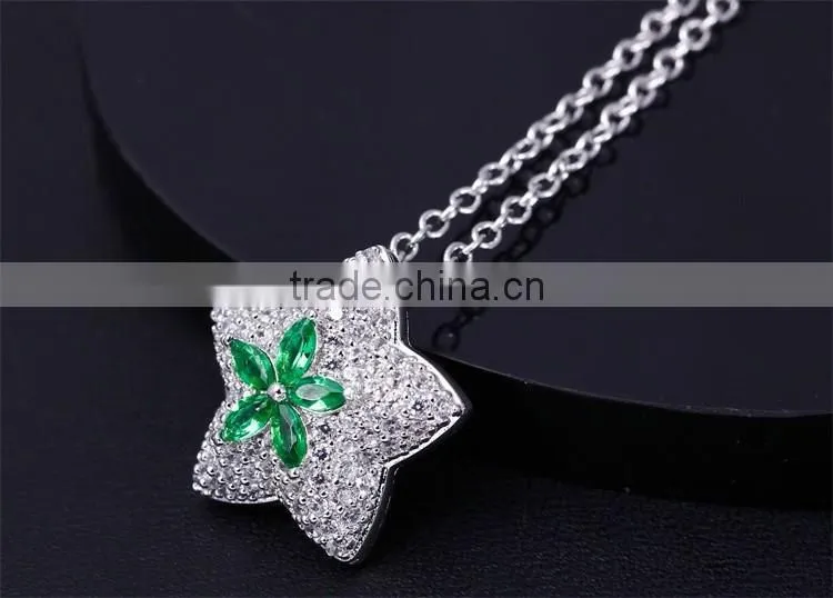 New White Gold Green Color CZ Stones Star Charm Pendant Jewelry Necklace Set