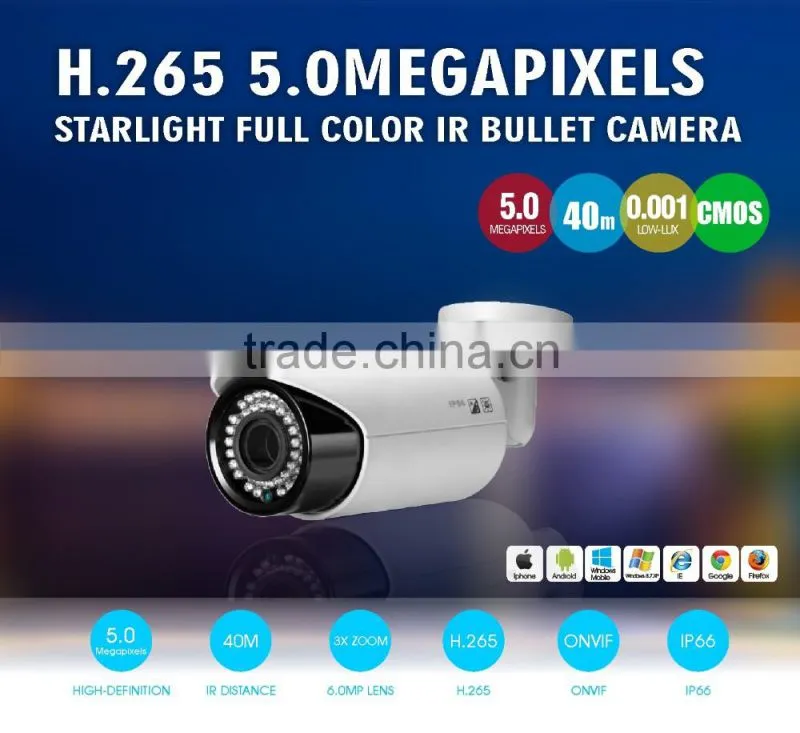 H.265 Security IP CCTV 5.0mp 3X zoom Motorized Lens IR Varifocal Starlight Color Bullet Camera