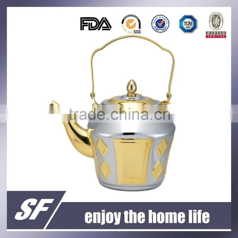 3 Pcs-Set Of Side Handle Arabian Stainless Steel Tea Kettle/Tea Pot Chromium And Gold Plating (SF-7809 SSG)