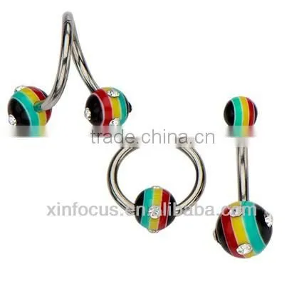 14g assorted rasta jewelry. All acrylic balls with gems in a twist, CBR and navel barbell