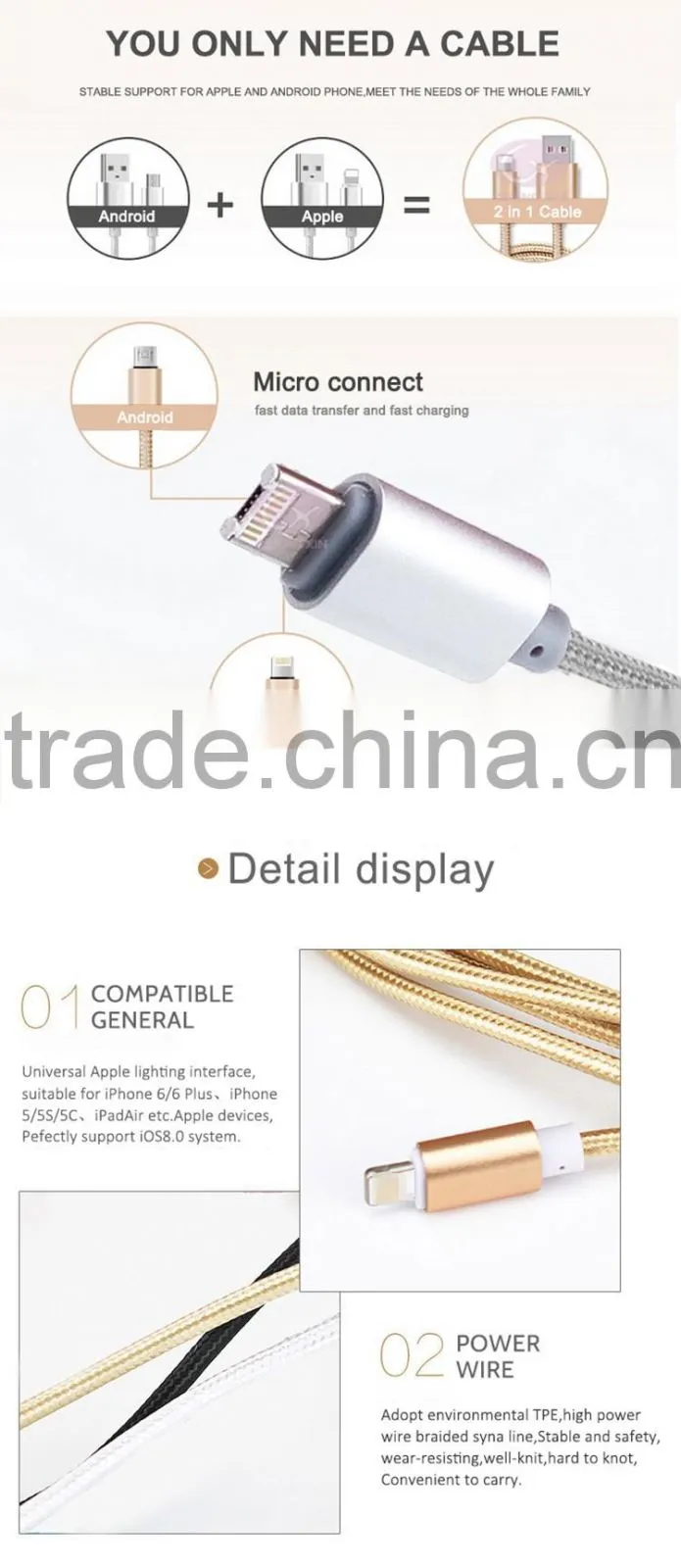 Free sample smart flash charging braided 2 in 1 micro usb cable