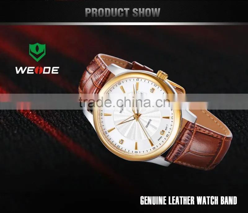 WEIDE 3 Atm Water Resistant Stainless Steel Watches Leather Wrist Straps Gold Men Watch