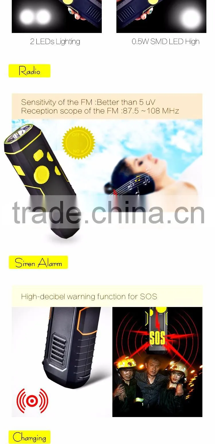 2016 New Handcrank Dynamo LED Flashlight Radio FM Radio Power Output Flashlight