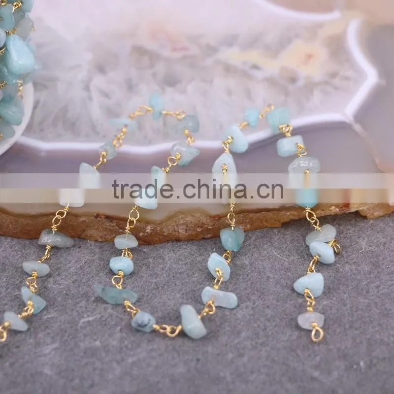 Aquamarine Chip Beads Link Rosary Chains,Brass Wire Wrapped Chain Necklace bracelet, Fine Jewelry Findings Stone Beaded Chain