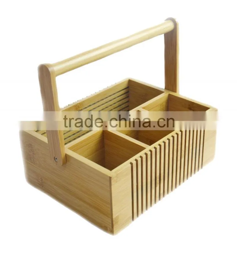 Home & Kitchen 4-compartment Bamboo Cutlery Box with Handle