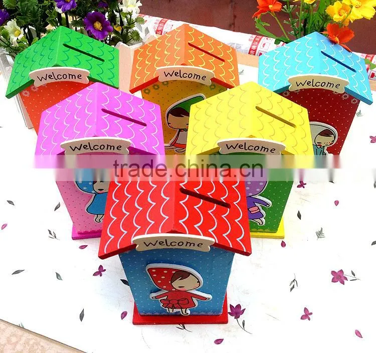 Children prizes for cartoon colorful custom wood money saving box