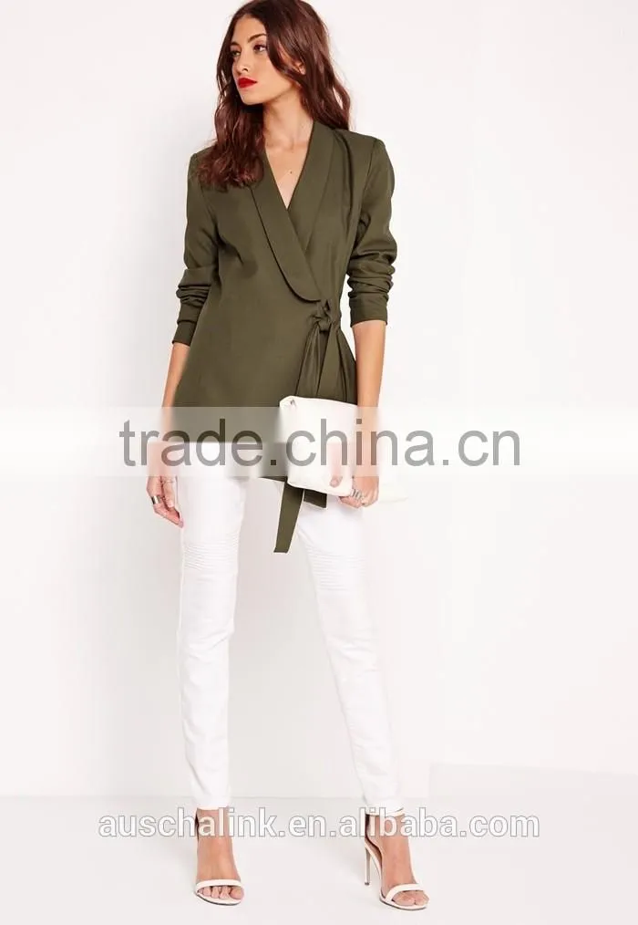 latest lady khaki tie front casual soft blazer elegant design
