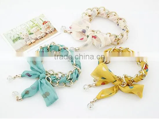 fabric cloth metal chain wrap Bracelet, hand woven silk bracelet, Korea silk ribbon bow bracelet