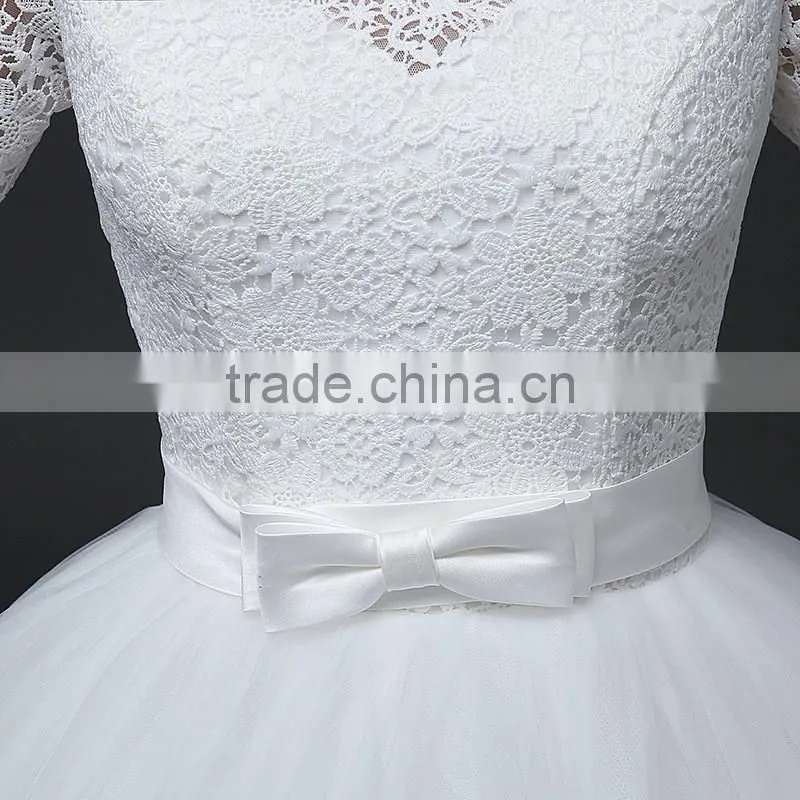 MGOO Custom Made Less 100 USD Tulle Lace Applique Wedding Dress Slash Neck 3/4 Sheer Neck Elegant Handmade