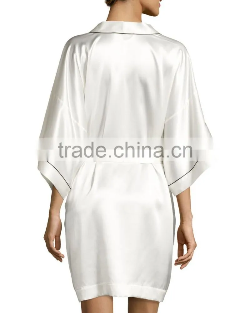 Contrast-Trimmed silk kimono robes night gown satin bathrobe