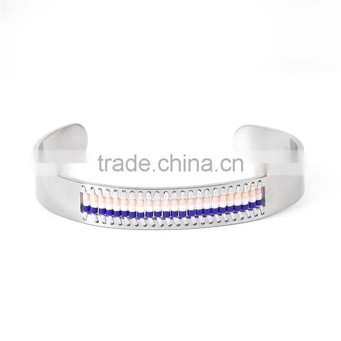 Titanium Steel Seed Beads Open Cuff Bangles Bracelets Silver Tone White & Blue