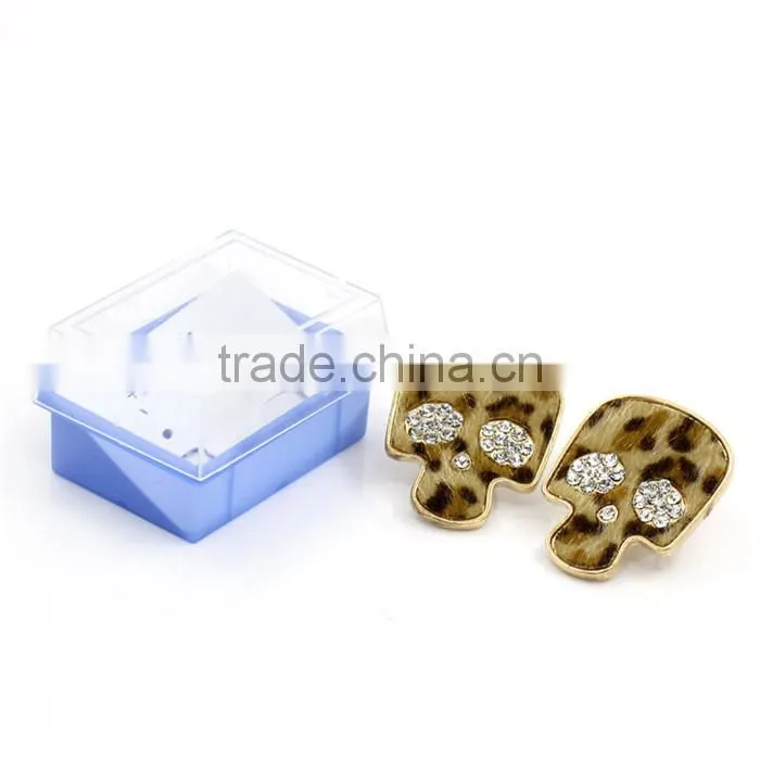 Halloween Skull Earring Post Gold Plated Leopard-Skin Printed Clear Rhinestone W/Gift Box