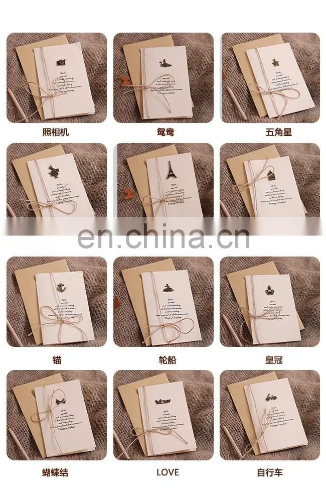 New arrive handmade paper greeting cards designs metal charm creative greeting card