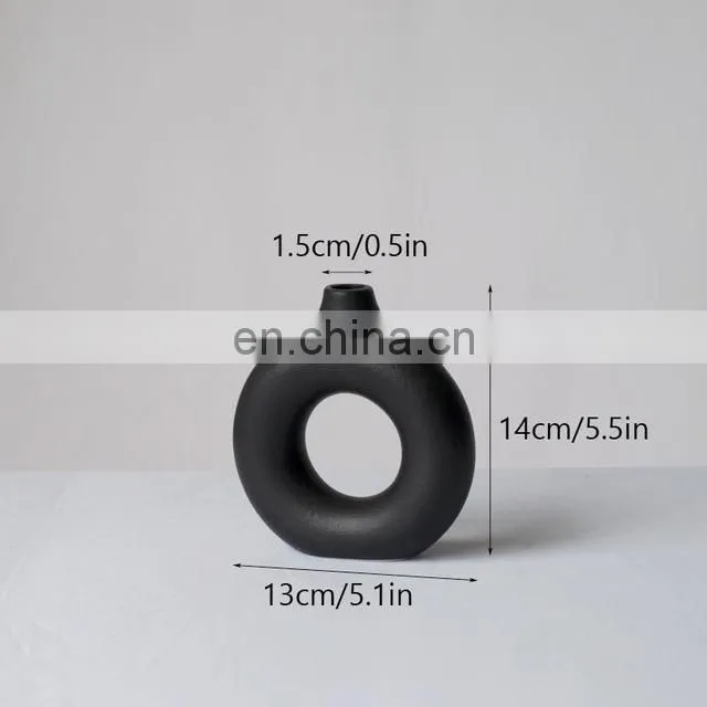 Black Circular Hollow Ceramic Vase Donuts Nordic Flower Pot Home Decoration Accessories Office Living Room Interior Decor