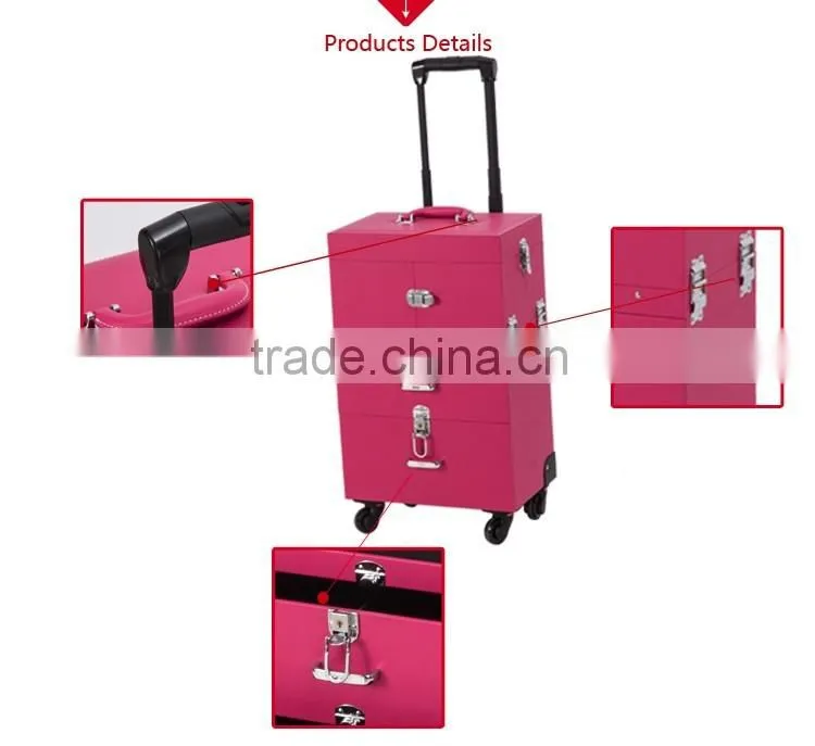 Wholesale PVC Material Portable Red 4 Wheels Makeup Case With Cosmetics Display Shelf