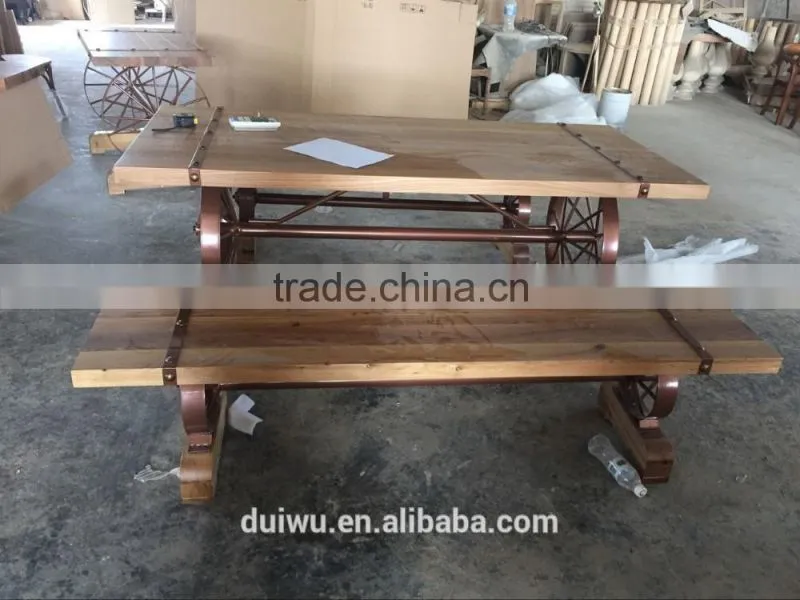 New design restaurant wooden set ornamental iron industrial table