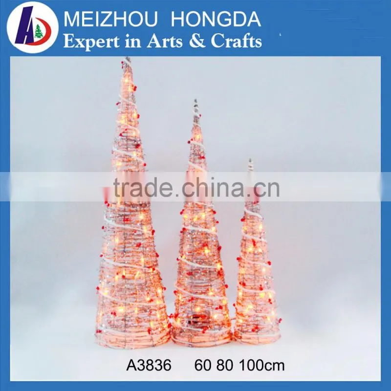 Christmas decoration Rattan christmas cone tree with Red LED lights