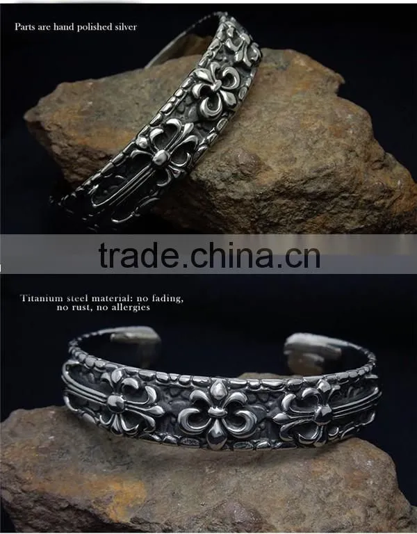 C shape antique silver vintage punk engraved stainless steel bangles