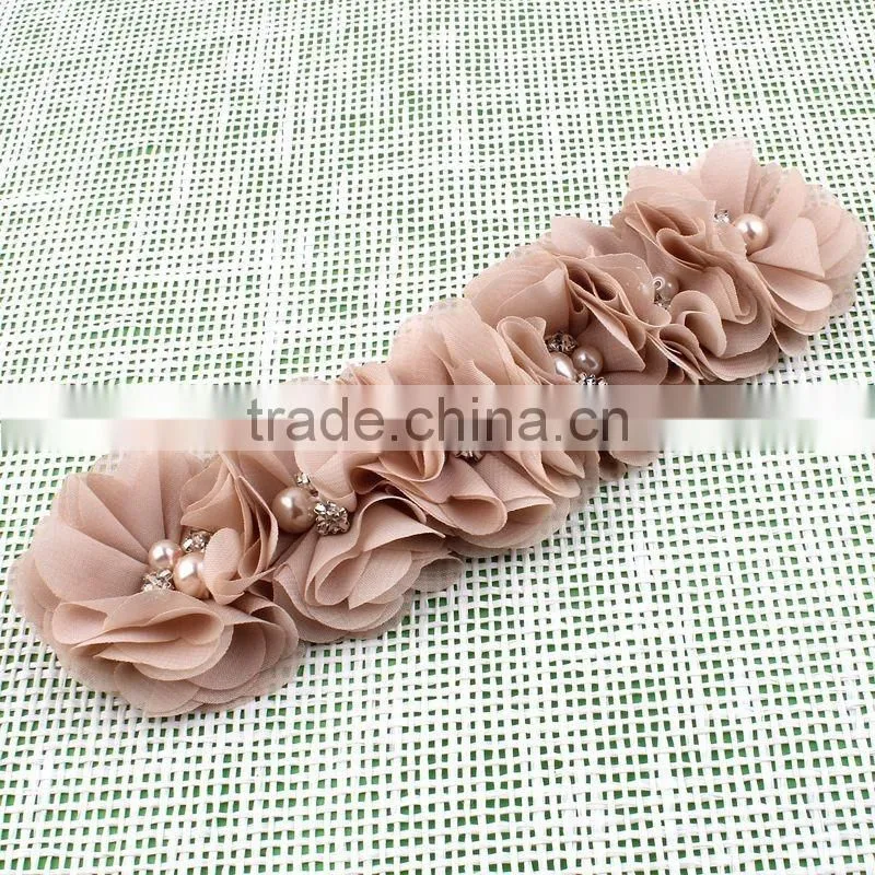 handmade chiffon flower headband with pearl beads center for kids hair accessories for baby girl