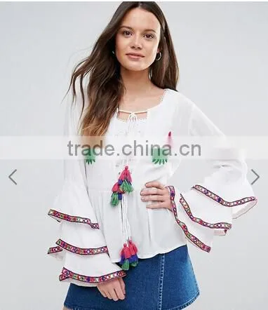 New Designs Fashion Hot Sale Boho Blouse Embroidered Layered Sleeve Women Tops Blouse
