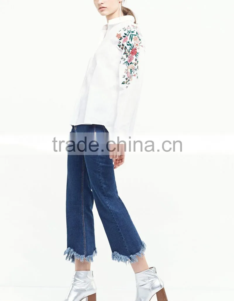 2017 spring and summer national style embroidered long sleeve blouse lapel embroidery white cotton shirt
