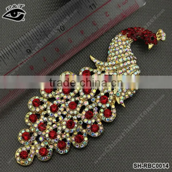 Peacock Shaped Rhinestone Brooches Peafowl Design red crystal pin brooch for clothing