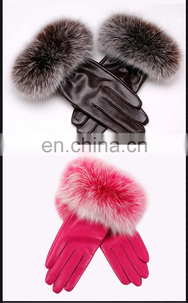 Warm Real Leather Glove With Big Genuine Fox Fur Beautiful Glove