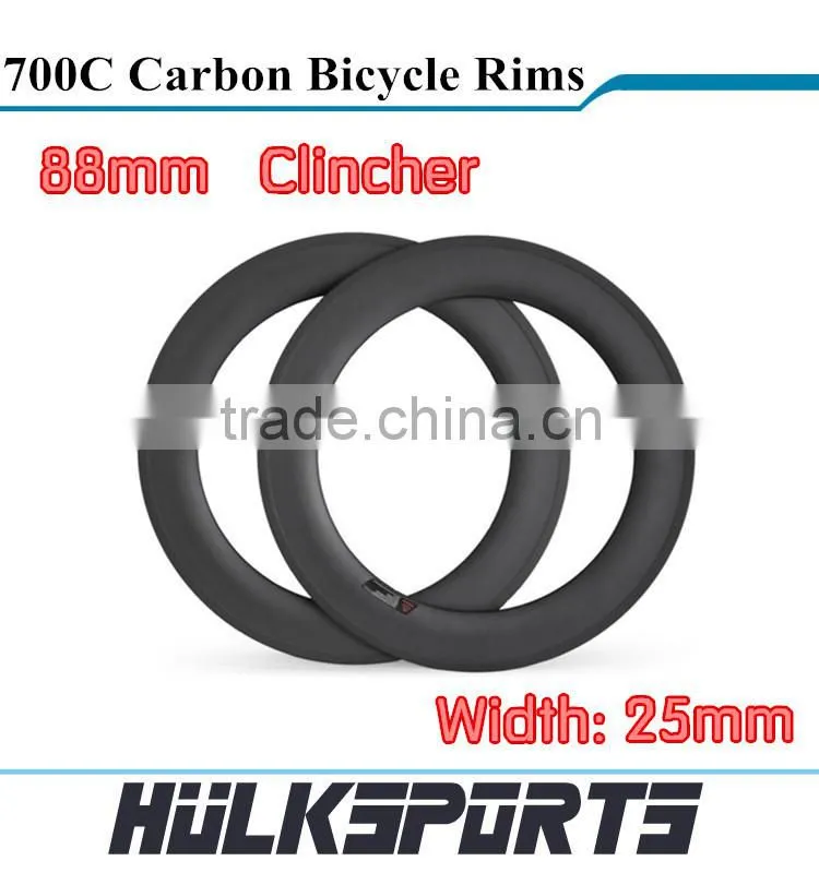 glossy/matt carbon road bike rim 88mm 700c full carbon road bicycle clincher rims Toray T700 carbon rims for road bicycle