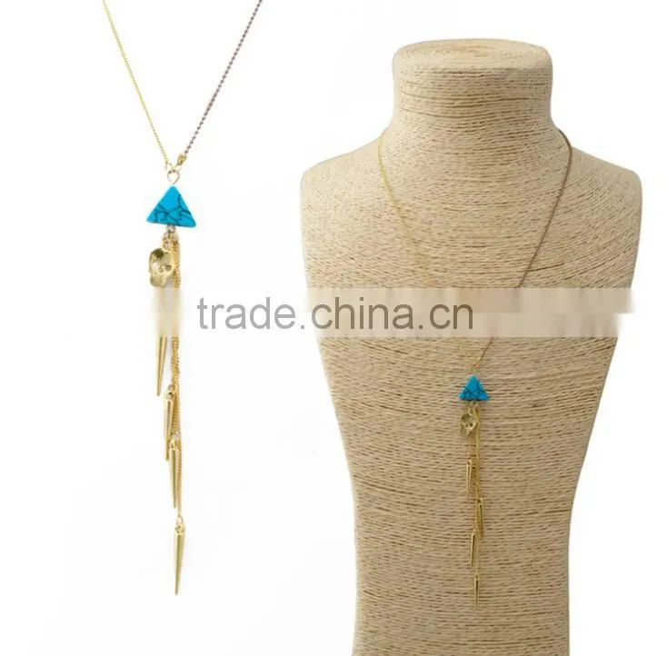 2014 Rivet tassel Turquoise alloy Skull Heads pendant Dainty long tassel necklace set
