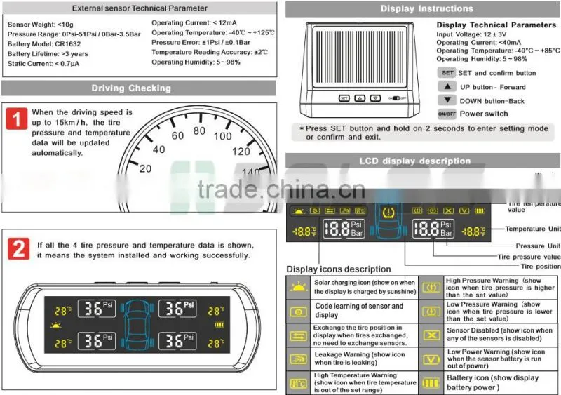 Car Solar Power System TPMS with 4 External Sensors tire pressure gauge car diagnostic tool