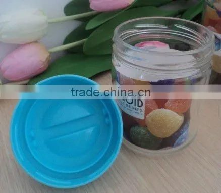 glass jars with plastic lid wholesale, custom made glass jars with colorful cover for children,made in China