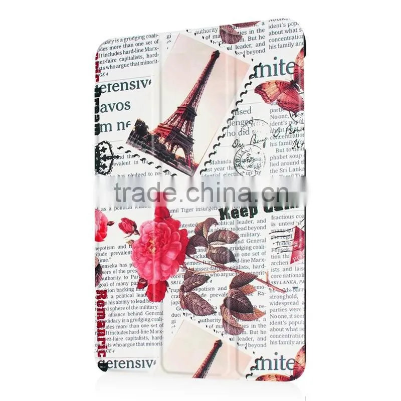Three folding leather case paint old newspapaer pattern stand tablet case for Samsung Galaxy Tab E8.0 protective slim hard case