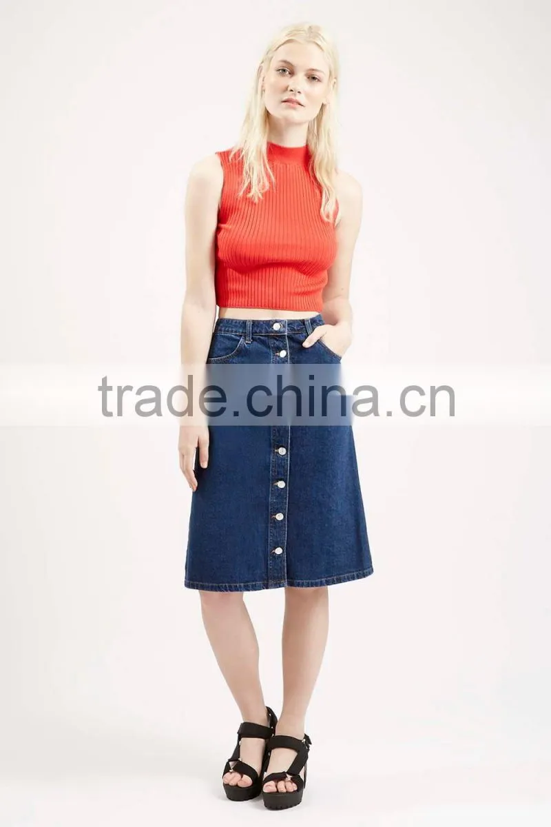 girls knee length Denim skirt open front Button Front Midi length Skirt