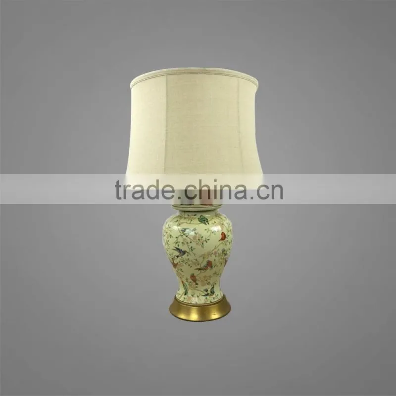 Antique Brass Metal Base And Ceramic Body Printing Birds With Fabric Lampshade Bedside Table Lamp Study Table Lamp