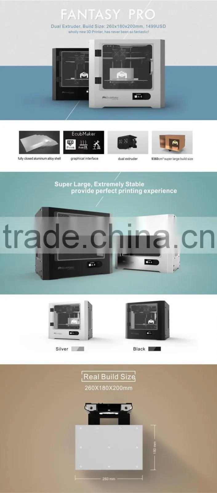 EcubMaker FANTASY Pro Dual Extruder Large Metal FDM 3D Printer Machine China for Sale 260x180x200mm Support Soluble Filament