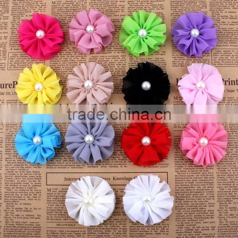 handmade chiffon flower with pearl beads center for kids hair accessories for baby girl