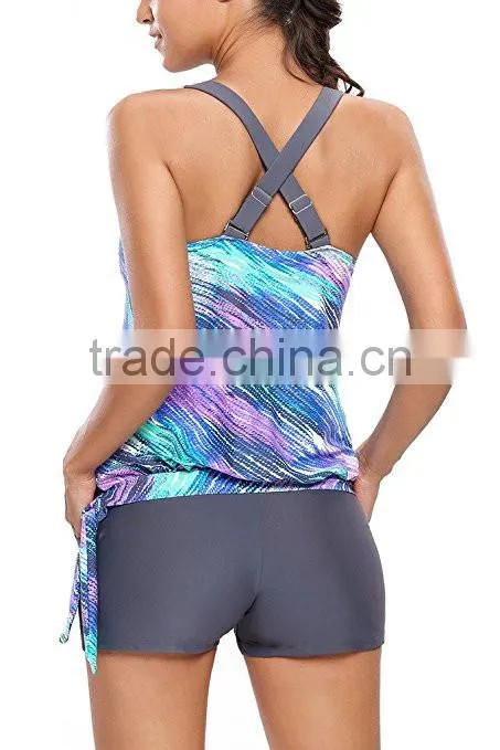 One Piece Swimsuit Women Polyester Spandex Waist Length Style Tankini Trendy Slim Stripes Print Blouse Set Sports Swimsuit