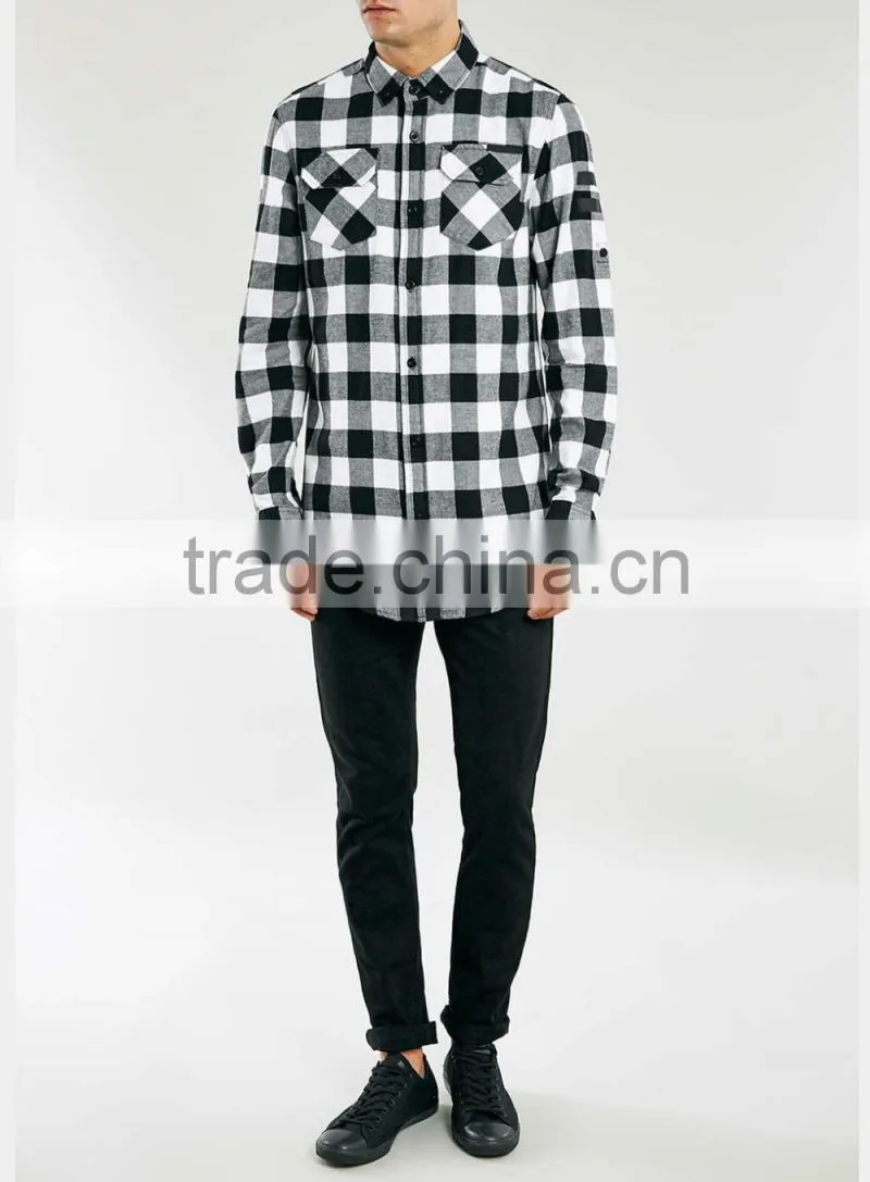 High quality Mens Casual Shirt With Pocket Black White Plaid Shirt