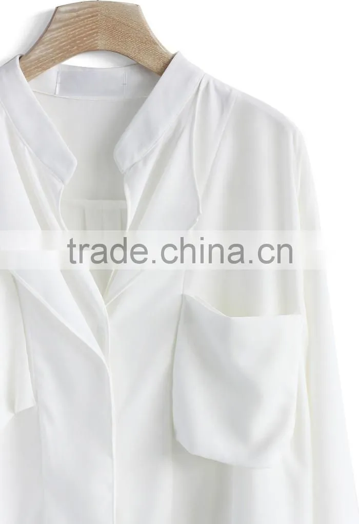 Women Suit Batwing Crepe Long Loose Shirt in White with Deep V Neckline White School Shirt