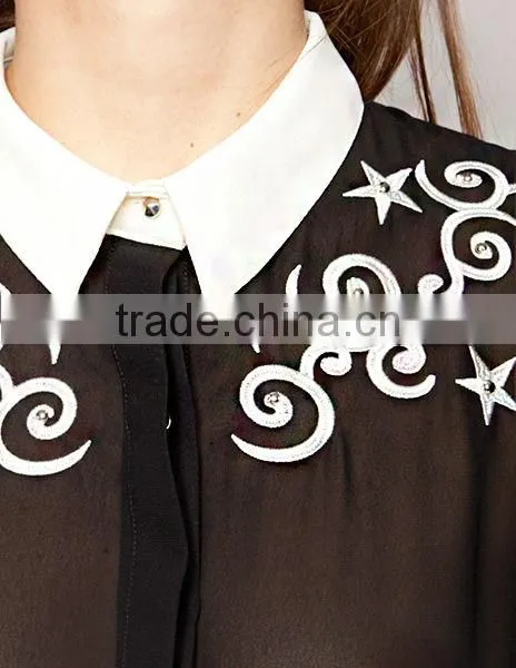 Star Black white contrast color restoring ancient ways hook flower stars embroidery long sleeve chiffon shirt