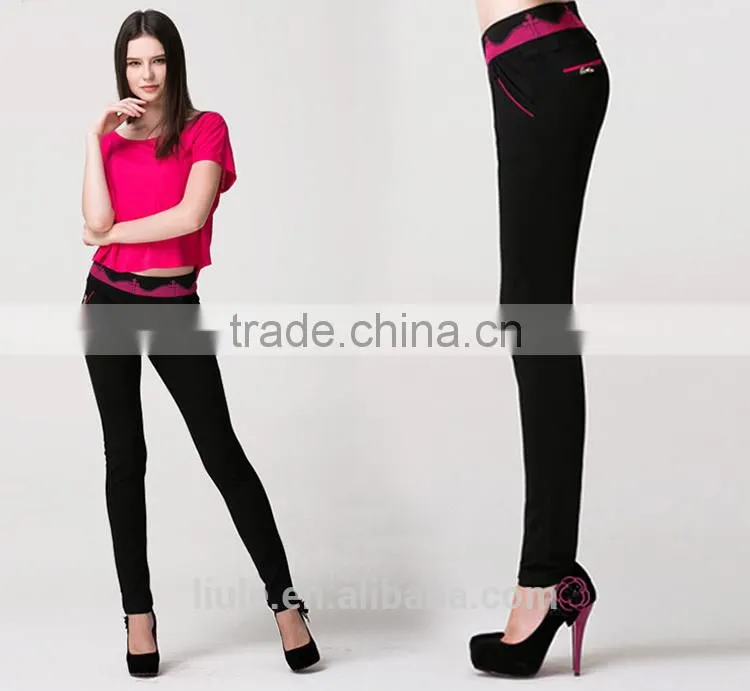 black high waist embroideried female trousers with side pockets