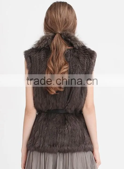 YR644 Women Genuine Rabbit Hand knit with Raccoon Fur Waistcoat Yanran Fur Factory OEM Order Fur Gilet