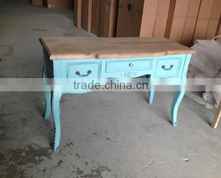 Rustic French Vintage Blue Wood Carved Entryway Console Table