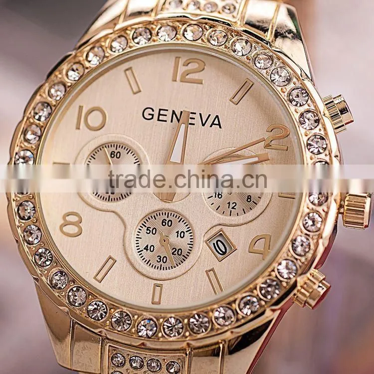 Diamond Geneva Watches Women Stainless Steel Quartz Watch Military Crystal Gold Watches relogio feminino montre femme