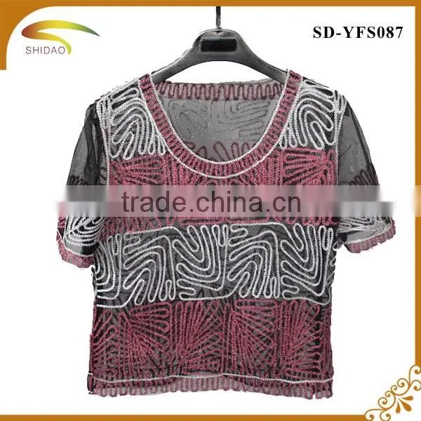 Fashion high quality semi sexy short sleeve embroidery floral Lace crochet blouse