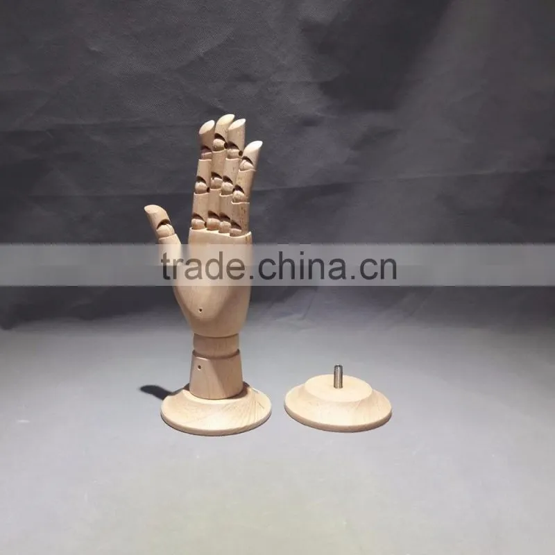 25cm height female right wooden hand beech wood with round wooden base