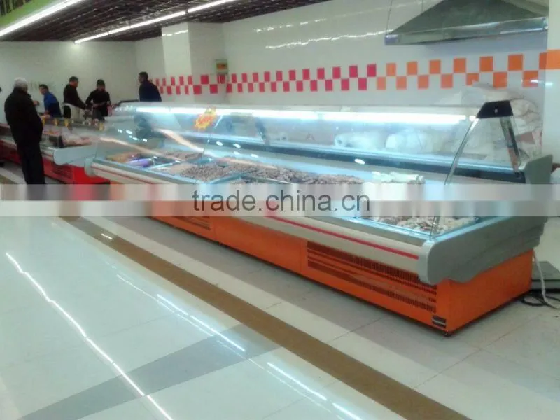 supermarket curved glass self service cooked refrigerated meat display cases
