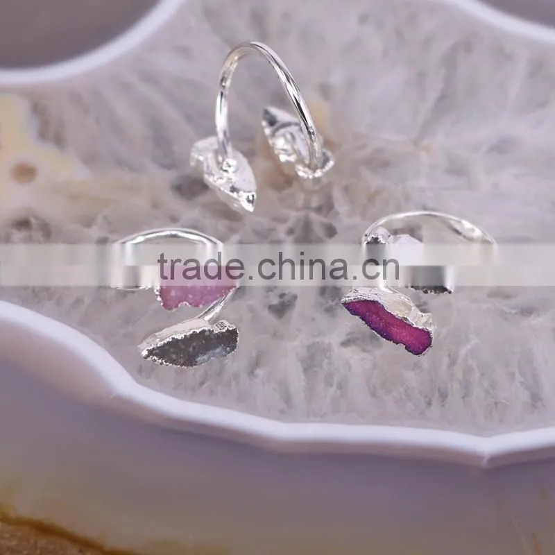 Fashion Agate Stone Quartz Druzy Ring, Silver plated Double Ring, Arrow Shape Gem Druzy stone Ring